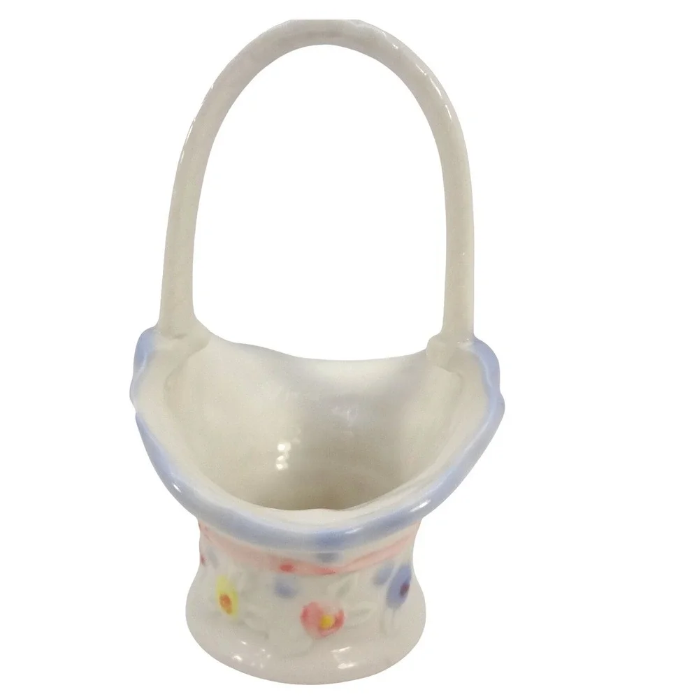 Vintage Miniature‎ Ceramic Floral Basket Hand Painted White Blue Porcelain Decor
